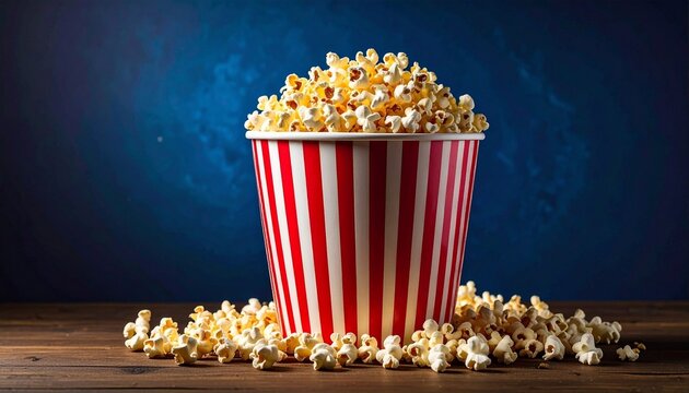 Striped popcorn container on wood with blue textured background.