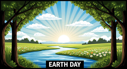 Vibrant landscape with a winding river, blooming wildflowers, and sunbeams illuminating a serene natural scene