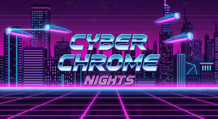 Retro futuristic cityscape with flying vehicles and neon grid, evoking a vibrant synthwave aesthetic for digital projects