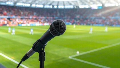 Microphone in foreground with blurred soccer stadium background.