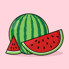 Watermelon with Half and Quarter Cut with Flat Illustration Style