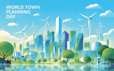 Modern green city skyline with wind turbines and lush trees celebrating world town planning day