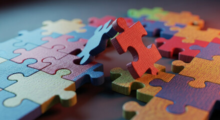 Dynamic puzzle pieces connecting, symbolizing teamwork, strategy, and problem-solving in a vibrant, modern concept.