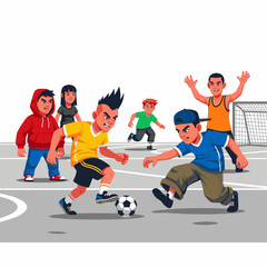 Fototapeta premium 2D flat vector illustration of teenage characters playing intense street soccer on concrete court, one dribbling, another defending, casual sporty streetwear