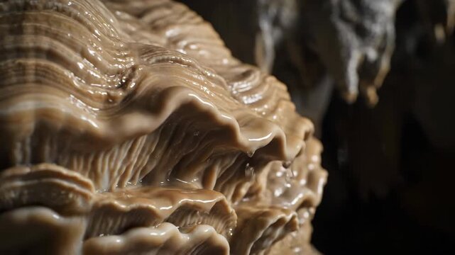 A detailed close-up of intricate flowstone formations, glistening from residual moisture within a damp cave shimmering, detail, patterns