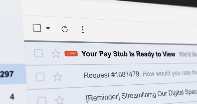 Incoming email with title "Your Pay Stub Is Ready to View", new e-mail with wage statement information, webmail interface close up footage