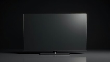 Maqueta de TV con pantalla en blanco, vista frontal, reflejo sutil en el piso, fondo negro, sombras realistas, perfecta para exhibici&oacute;n de dise&ntilde;o personalizado