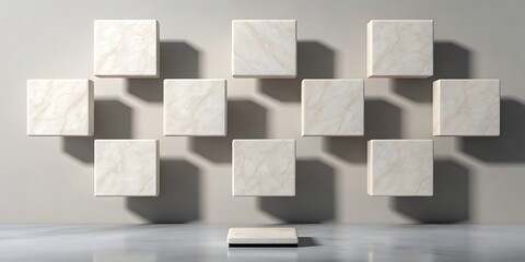 Eleven light beige marble cubes arranged in staggered rows on a light gray wall with a reflective floor mockup