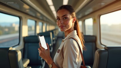 Mujer sosteniendo un teléfono con pantalla en blanco, fondo interior de tren, equipaje cerca, luz solar natural, sombras realistas, plantilla de maqueta de viaje profesional