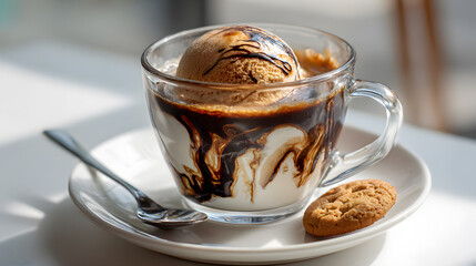 Mocha affogato in a clear cup on a saucer vanilla ice cream topped with espresso and cookie