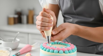 professional baker decorating beautiful cake with sweet frosting