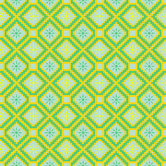 Geometric pixel seamless pattern in fresh green and yellow, perfect for fabric prints, wrapping paper, and digital design projects.