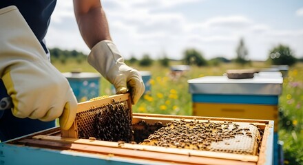 beekeeper inspects beehive frame honey production apiary