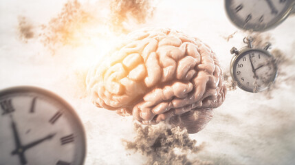 retention. A glowing brain surrounded by faded clocks, representing exceptional memory and youthful energy. wellbeing guides.