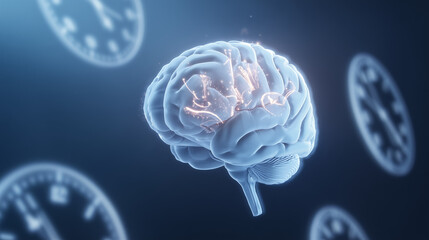 retention. A glowing brain surrounded by faded clocks, representing exceptional memory and youthful energy. wellbeing guides.