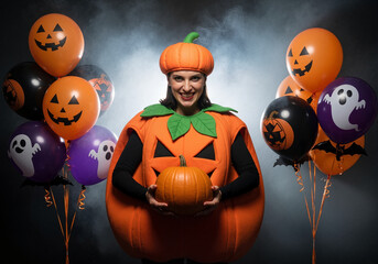 A cheerful woman in a large pumpkin costume holds a jack-o'-lantern for a Halloween party. Festive holiday celebration with spooky balloons and smoke