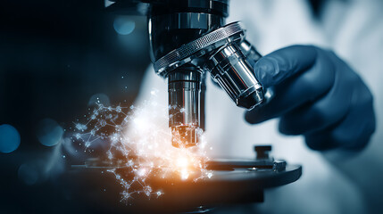 Scientist examining a sample under a microscope with glowing molecular structures emerging from the lens