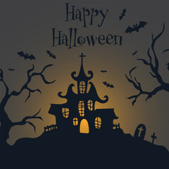 A spooky Halloween scene featuring a haunted house, bats, and eerie trees under a full moon. Perfect for Halloween themed designs, invitations, or decorations. Flat vector modern illustration.
