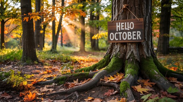 Rustic wooden sign saying hello october attached to a large tree trunk in a sun dappled autumn forest with colorful leaves on the ground