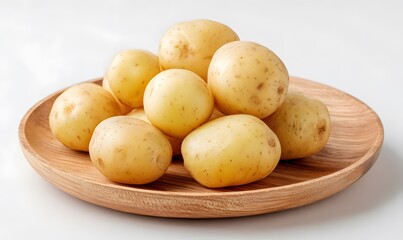 On a wooden plate, there are 10 peeled potatoes of varying sizes