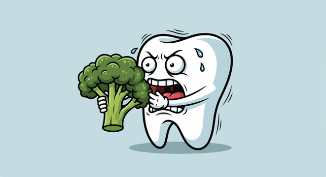 Tooth aversion with cartoon tooth character is terrified of broccoli, which is healthy vegetable. Tooth aversion represented in cartoon, tooth looks anxious and stressed about eating broccoli.