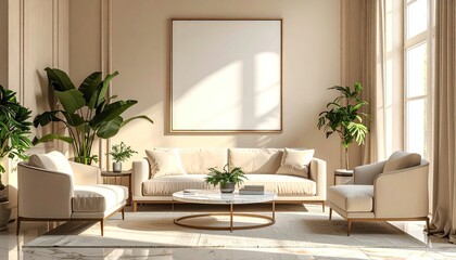 Beige living room, sunlight streams in