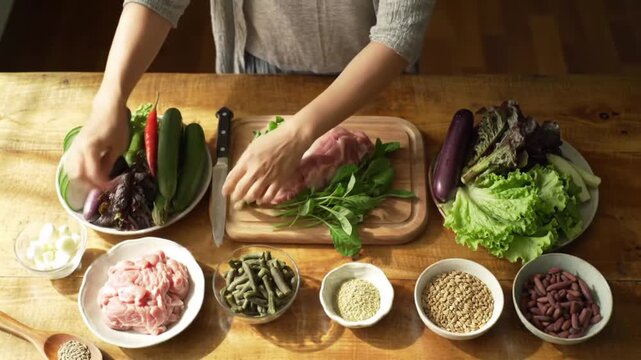 Preparing fresh vegetables and meat on wooden board