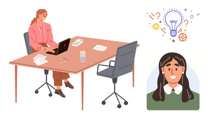 Woman engaged in work on a laptop at a desk with documents, glass of water, and chair. Adjacent visual of a coworkers portrait and lightbulb symbolizing ideas. Ideal for creativity, teamwork