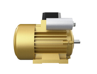 Premium Golden Industrial Electric Motor Isolated PNG: Efficient, powerful electrical apparatus for manufacturing, automation systems, power transmission, and heavy machinery, on a clean transparent