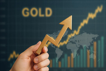 Hand Holding Golden Arrow Showing Upward Trend in Gold Price, Commodity Investment, and Global Market Growth