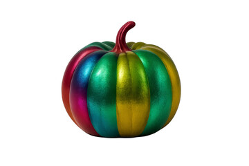 Autumnal Spectrum: A vividly colorful pumpkin, painted with vibrant metallic hues, showcasing the creative spirit of autumn decorations, with striking details and textures. 