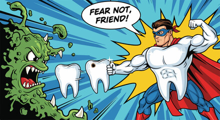Superhero dentist in cartoon style fighting tooth decay and evil microbes with super powers. Tooth decay poses a threat. Dentist superhero confronts bacteria to restore health.