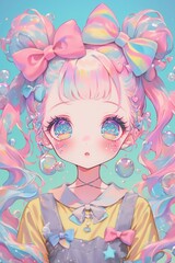 Fototapeta premium A charming character featuring pastel pink and blue hair with bows gazes wide-eyed, surrounded by floating bubbles, in a bright, dreamy atmosphere.