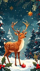 Festive deer in snowy forest
