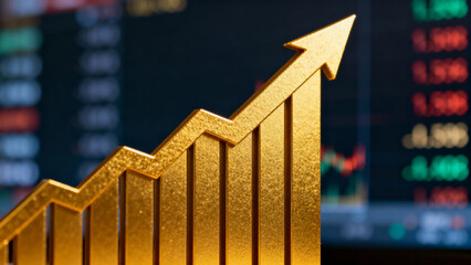 Golden Bar Chart and Arrow Showing Upward Trend, Financial Growth, Business Success, and Stock Market Performance