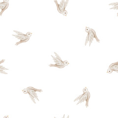 Watercolor repeat seamless pattern with illustration of a flying birds of peace with spread wing. Hand-drawn Bird design symbol of peace for invitations or greeting cards in pastel beige colors.