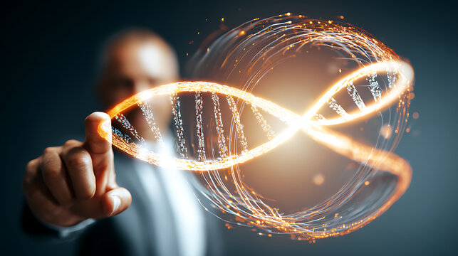 A person interacts with a glowing, digital DNA double helix in a futuristic scientific visualization.
