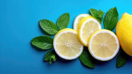 Fresh Lemon Slices Flat Lay with Mint Leaves on Bright Blue Background Top View Refreshing Citrus Composition with Vibrant Colors and Minimalist Style