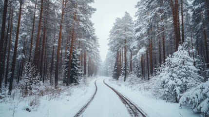Tranquil Winter Wonderland Snowy Woodland Pathway Surrounded by Majestic Trees and Peaceful Vibes