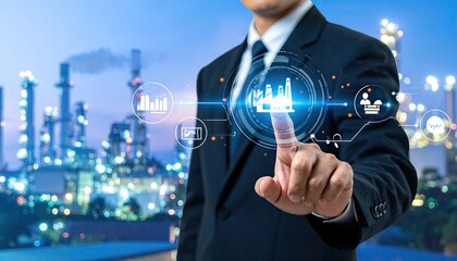 Businessman interacting with futuristic digital interface showing industrial data analytics and growth charts.