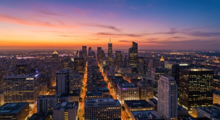 Aerial cityscape at sunset.  Urban grid of buildings illuminated by twilight, with colorful sky.  City skyline prominent in the distance