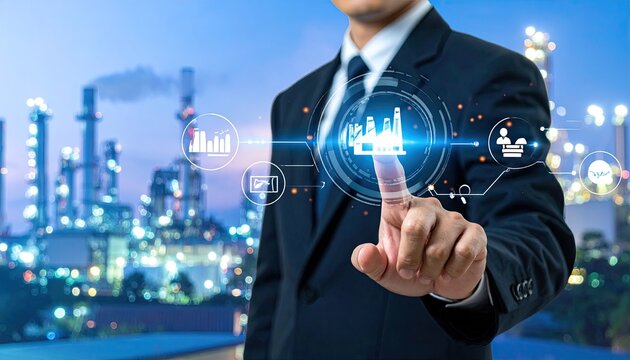 Businessman interacting with futuristic digital interface showing industrial data analytics and growth charts. - Powered by Adobe