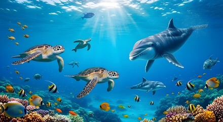 Fototapeta premium Vibrant coral reef teeming with marine life, including majestic sea turtles and playful dolphins swimming gracefully in sun-drenched clear blue ocean waters