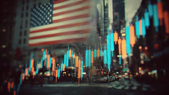 レトロ表示風の相場と米国旗の重なり
