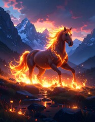 Fiery horse in mountain landscape