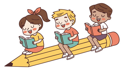 Cheerful Kids on Pencil Cartoon Vector Art Illustration