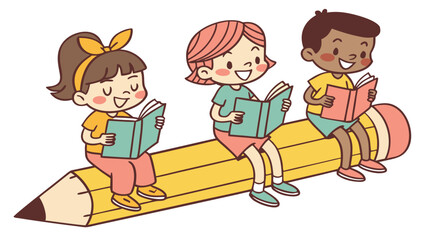 Cheerful Kids on Pencil Cartoon Vector Art Illustration