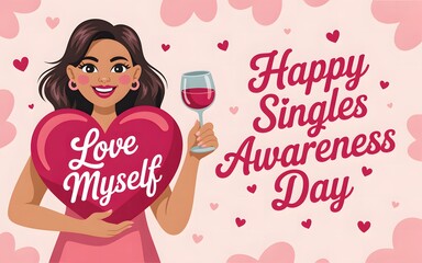 Woman celebrating singles awareness day with wine and a heart saying love myself