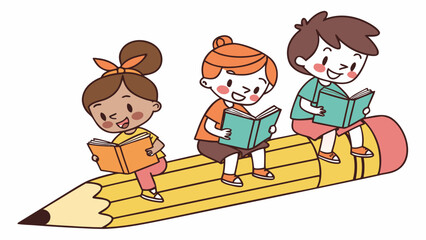 Cheerful Kids on Pencil Cartoon Vector Art Illustration