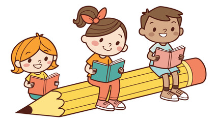 Cheerful Kids on Pencil Cartoon Vector Art Illustration